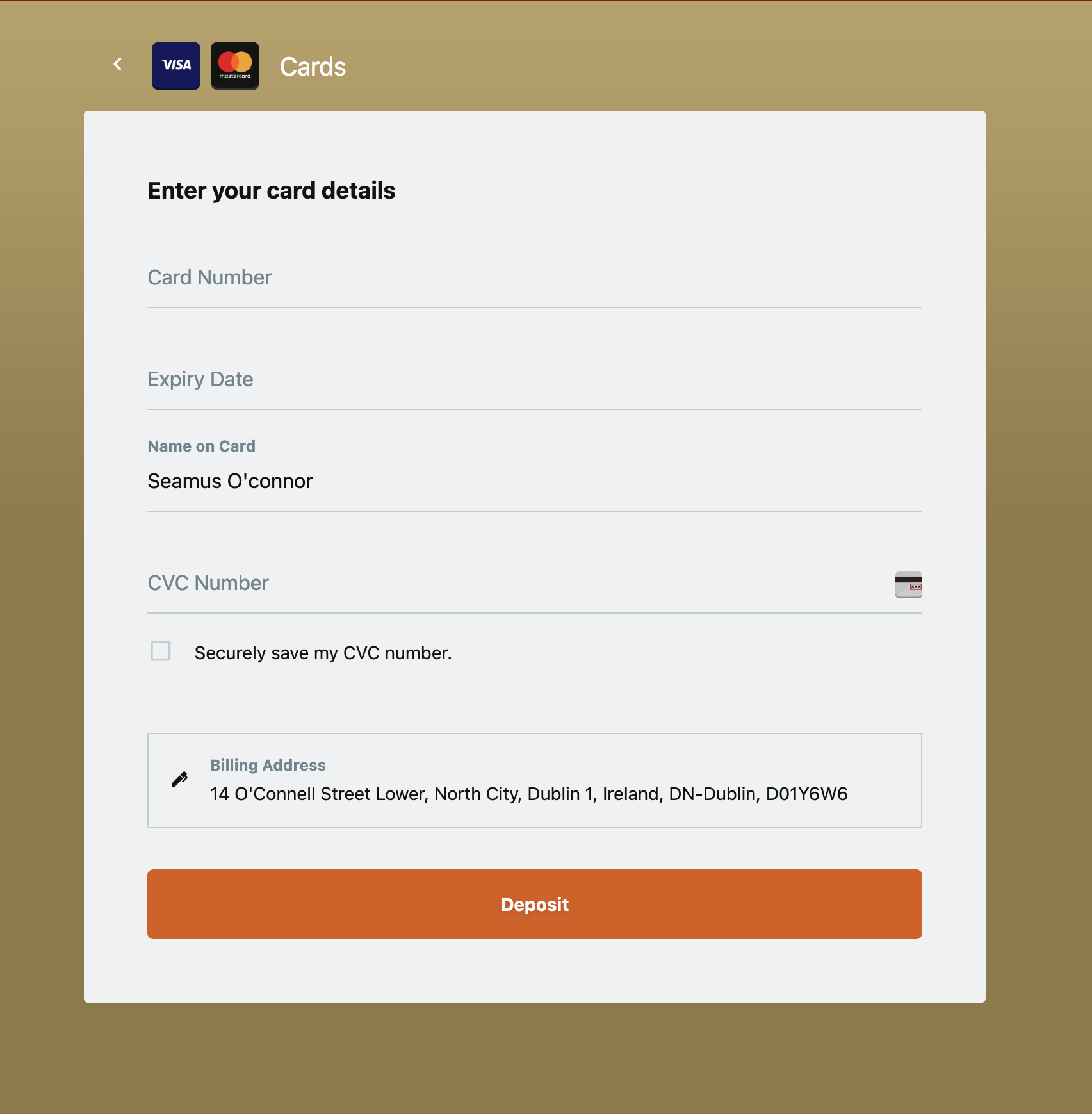 Villento Cards deposit form — Visa/Mastercard details and Deposit button