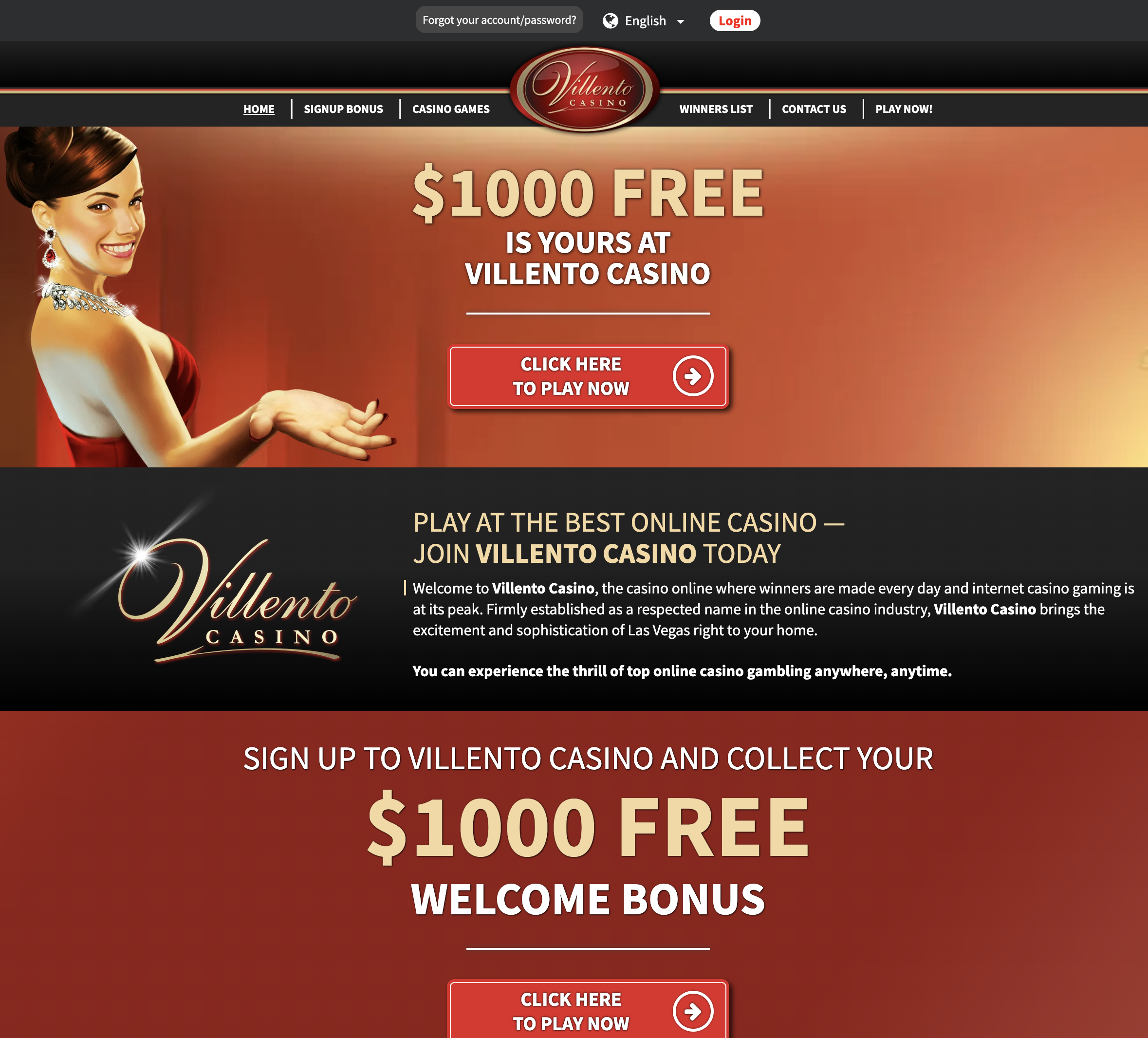 Villento Casino home page