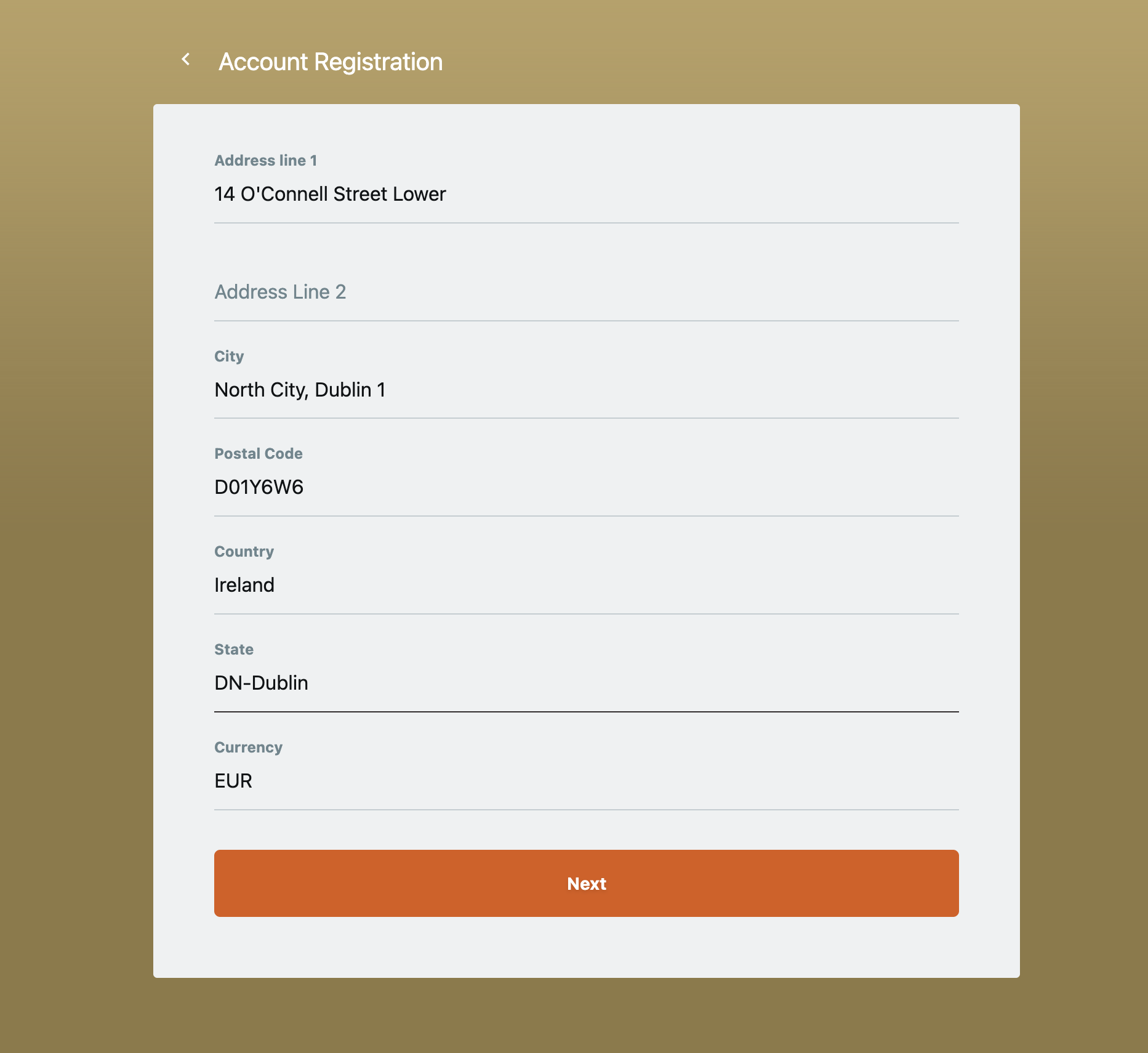 Villento registration — Irish address, Dublin, country Ireland, currency EUR