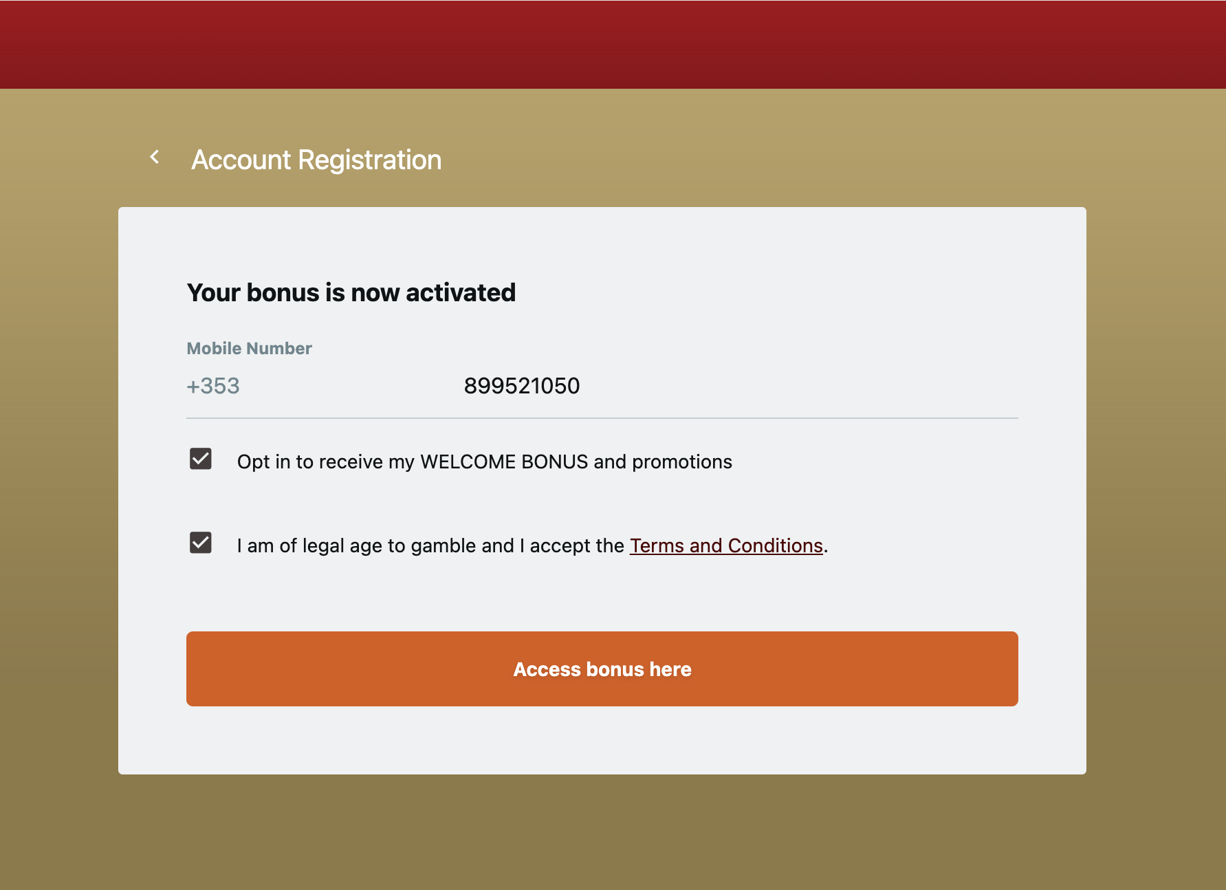 Villento registration — Irish mobile +353, welcome bonus opt-in, and terms
