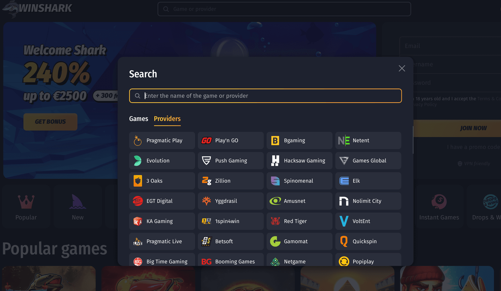 winshark casino online providers