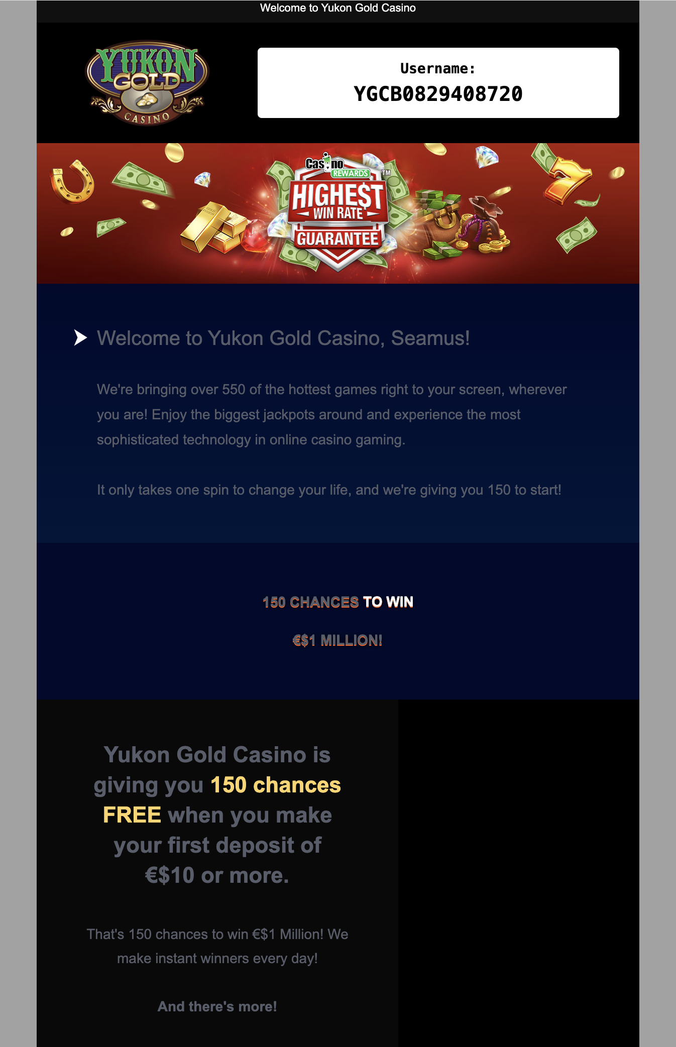 Yukon Gold welcome screen after sign-up — username shown and 150 chances for a €10 first deposit