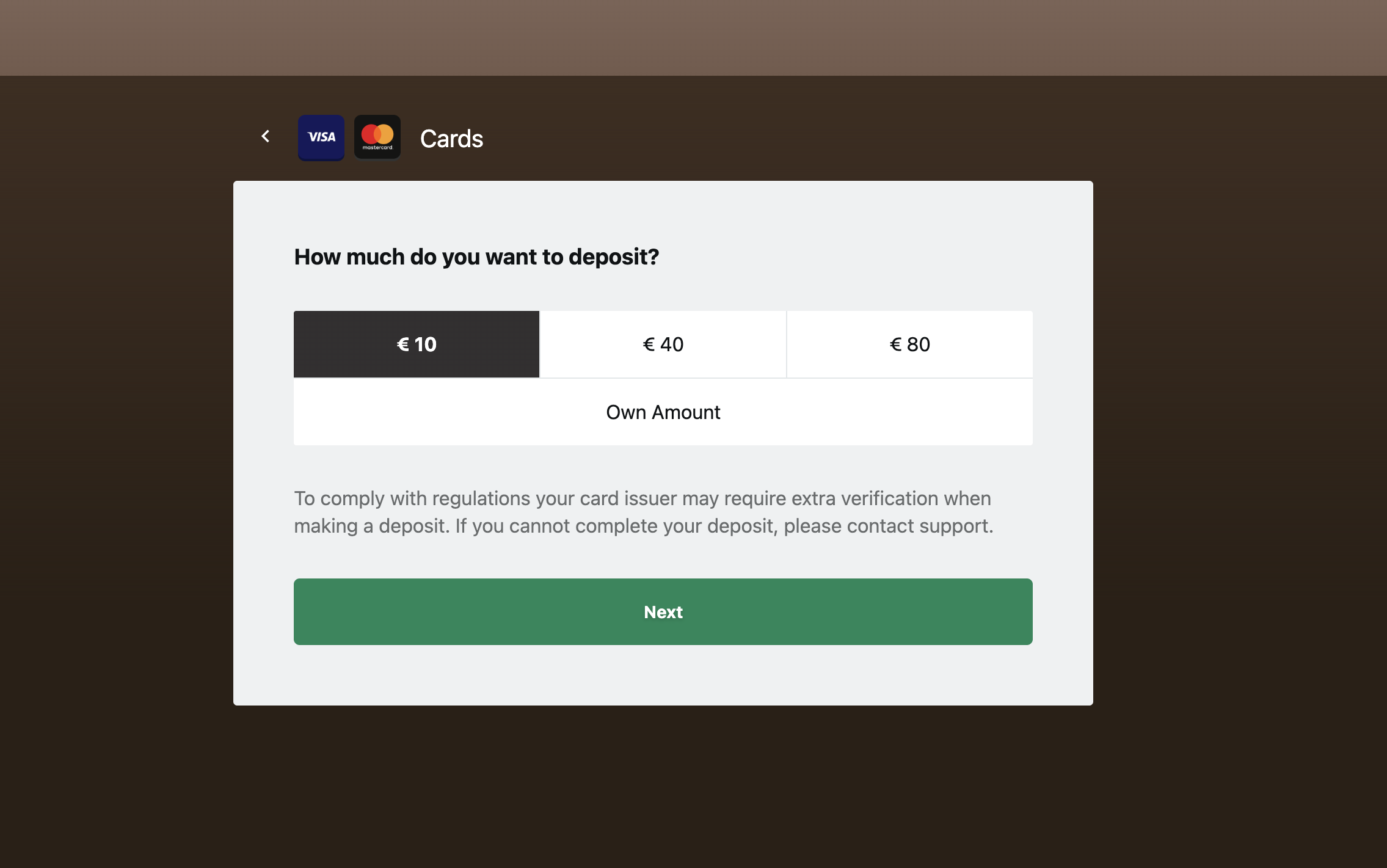 Yukon Gold Cards cashier with €10 selected among €10, €40, and €80 presets