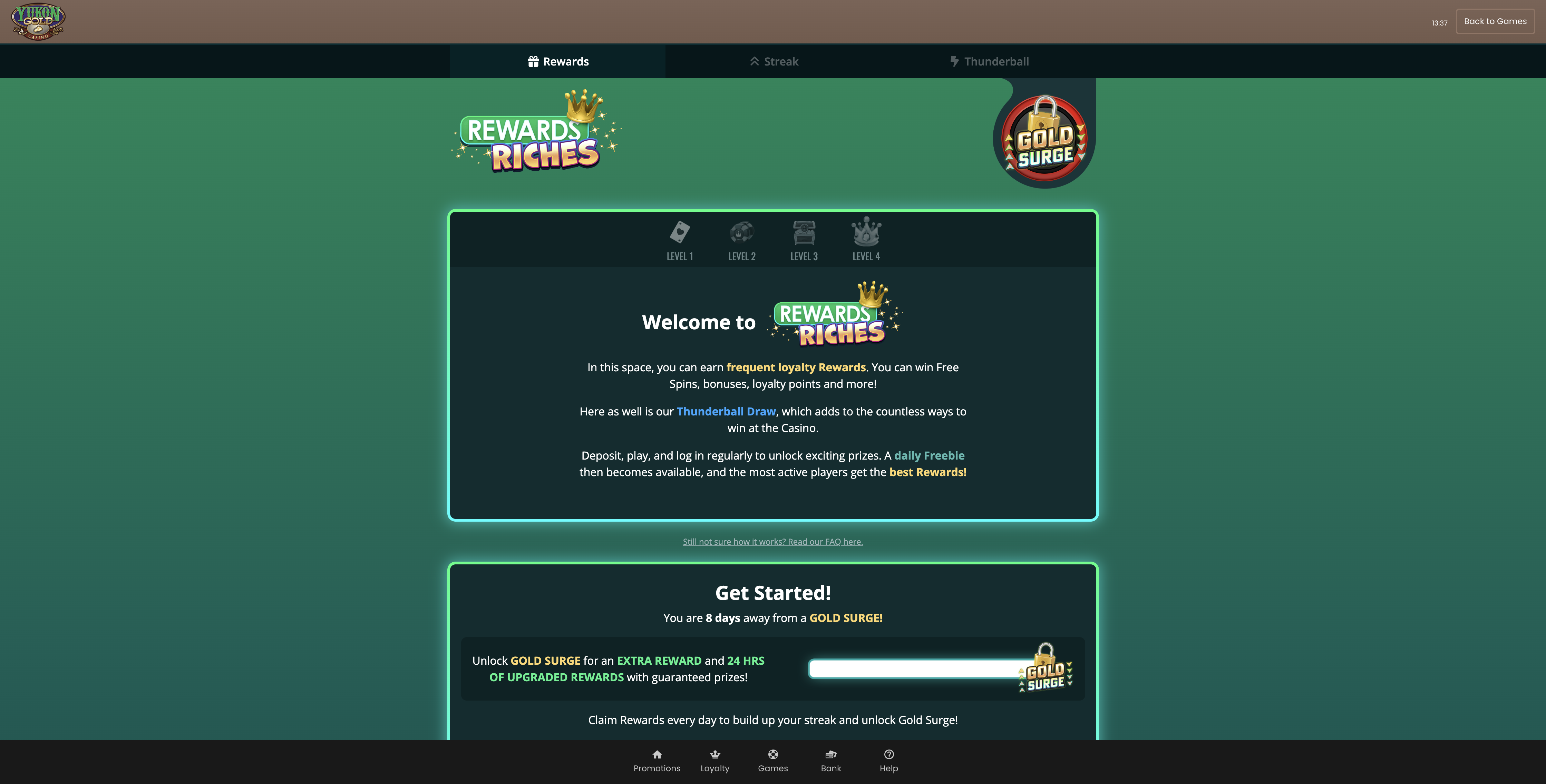 Yukon Gold Rewards Riches loyalty page with Level 1 and Gold Surge progress