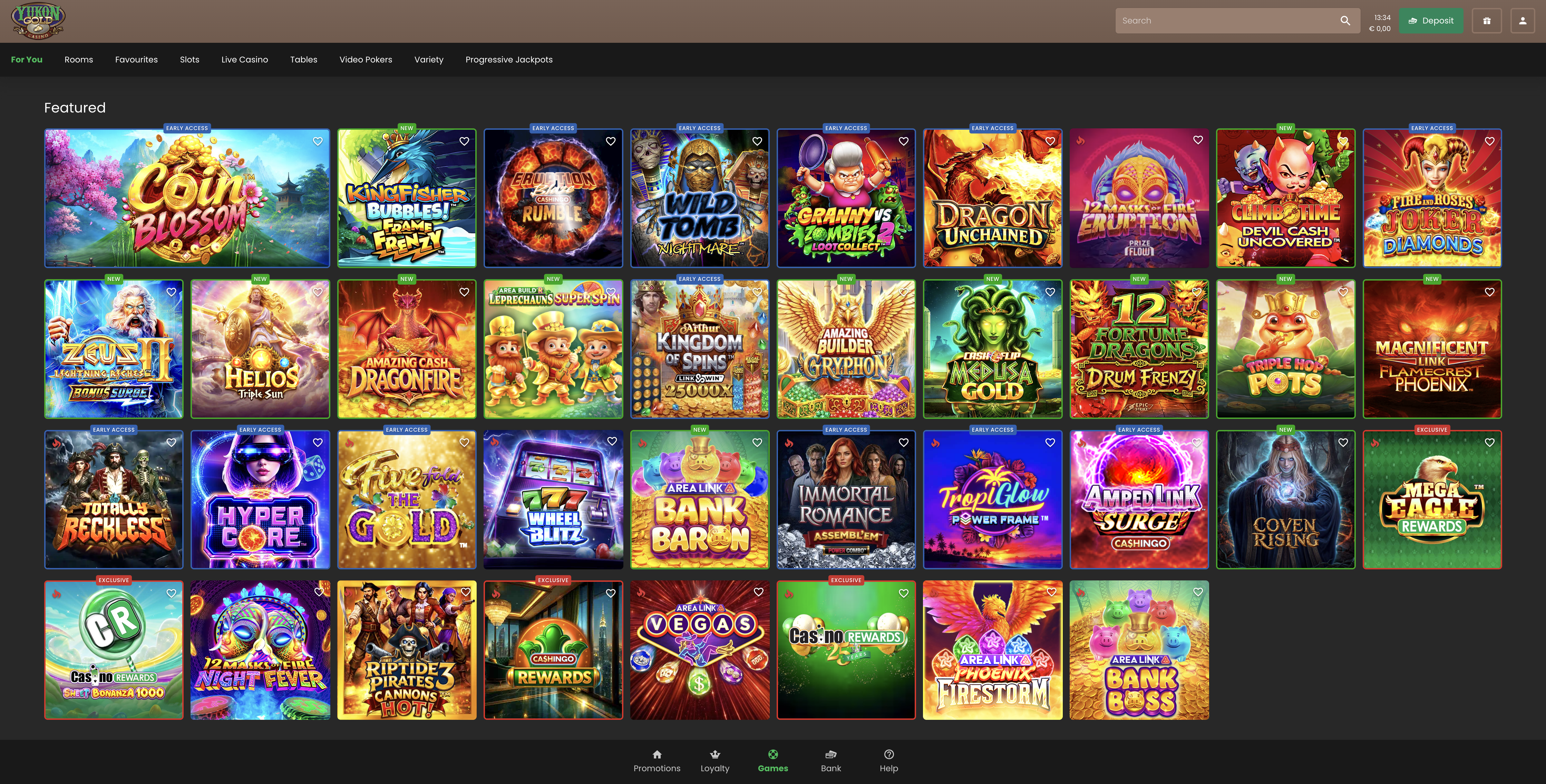 Yukon Gold Featured games lobby with Coin Blossom first in the grid and balance at €0.00