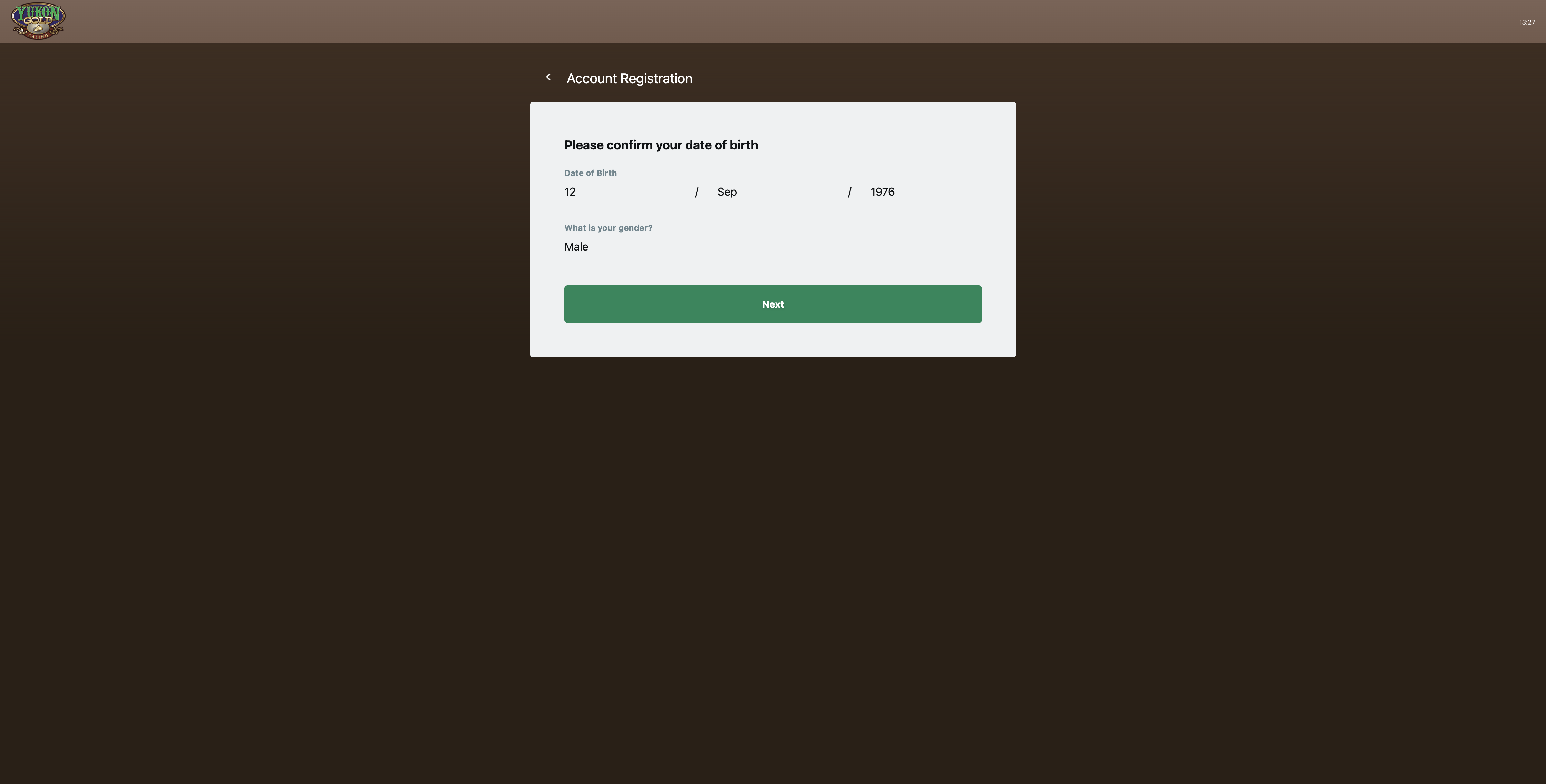 Yukon Gold registration step two — date of birth and gender confirmation