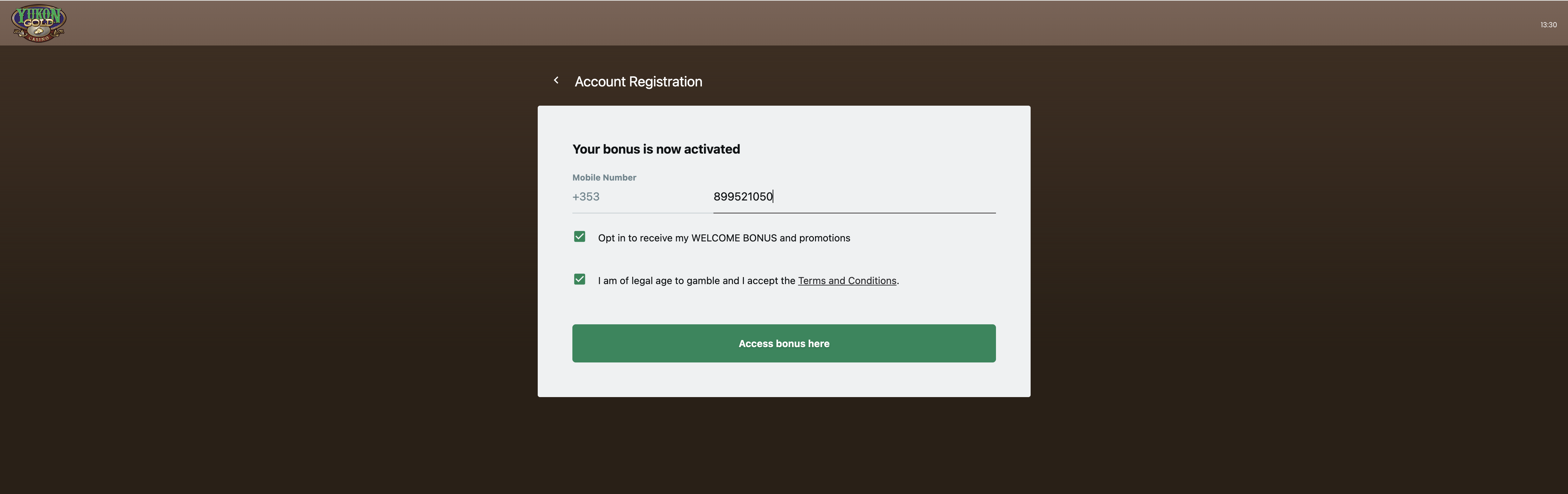 Yukon Gold registration — Irish mobile number with +353, welcome-bonus opt-in, and terms checkbox