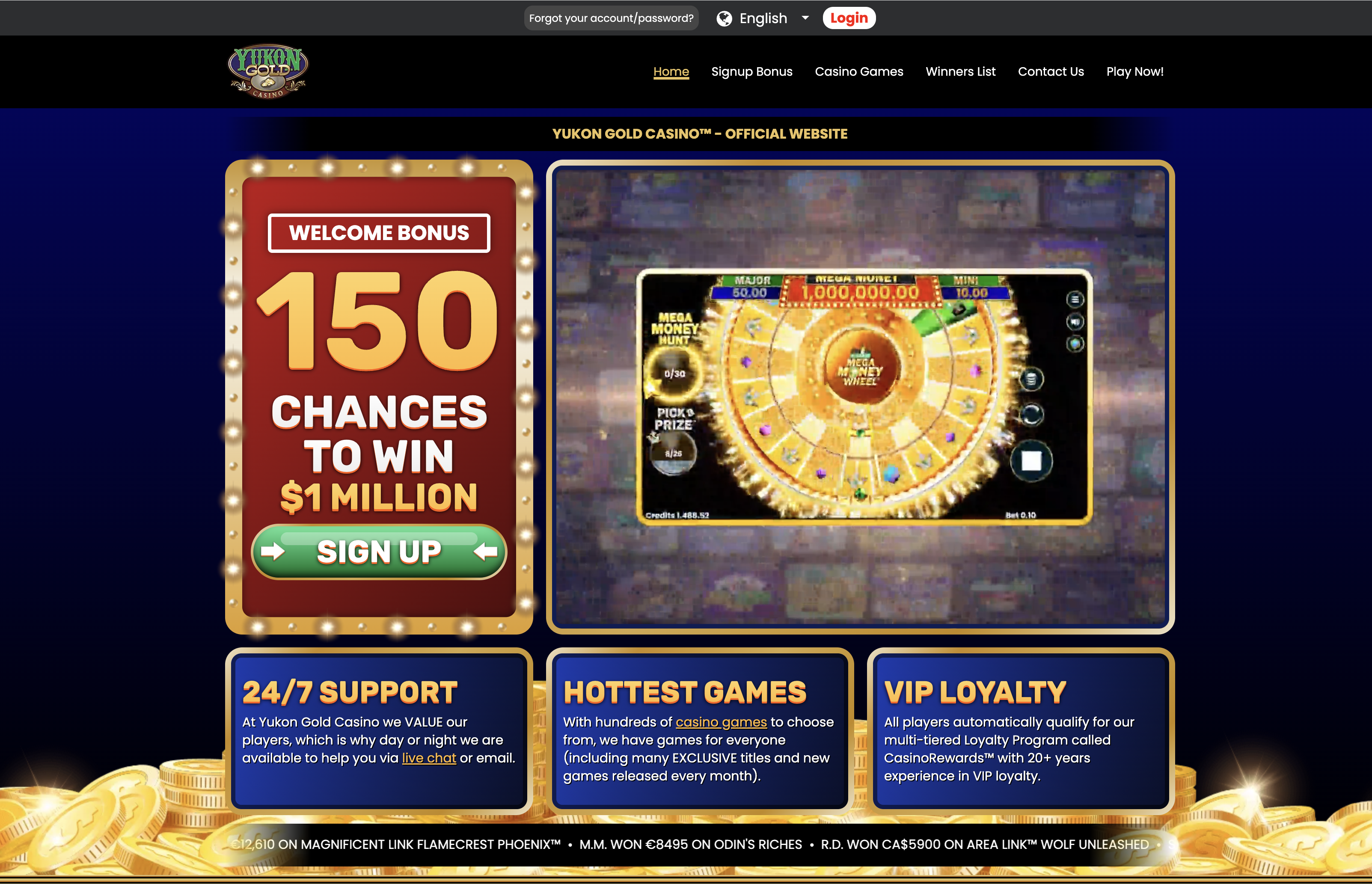 Yukon Gold Casino homepage with 150 chances welcome banner and green Sign Up button