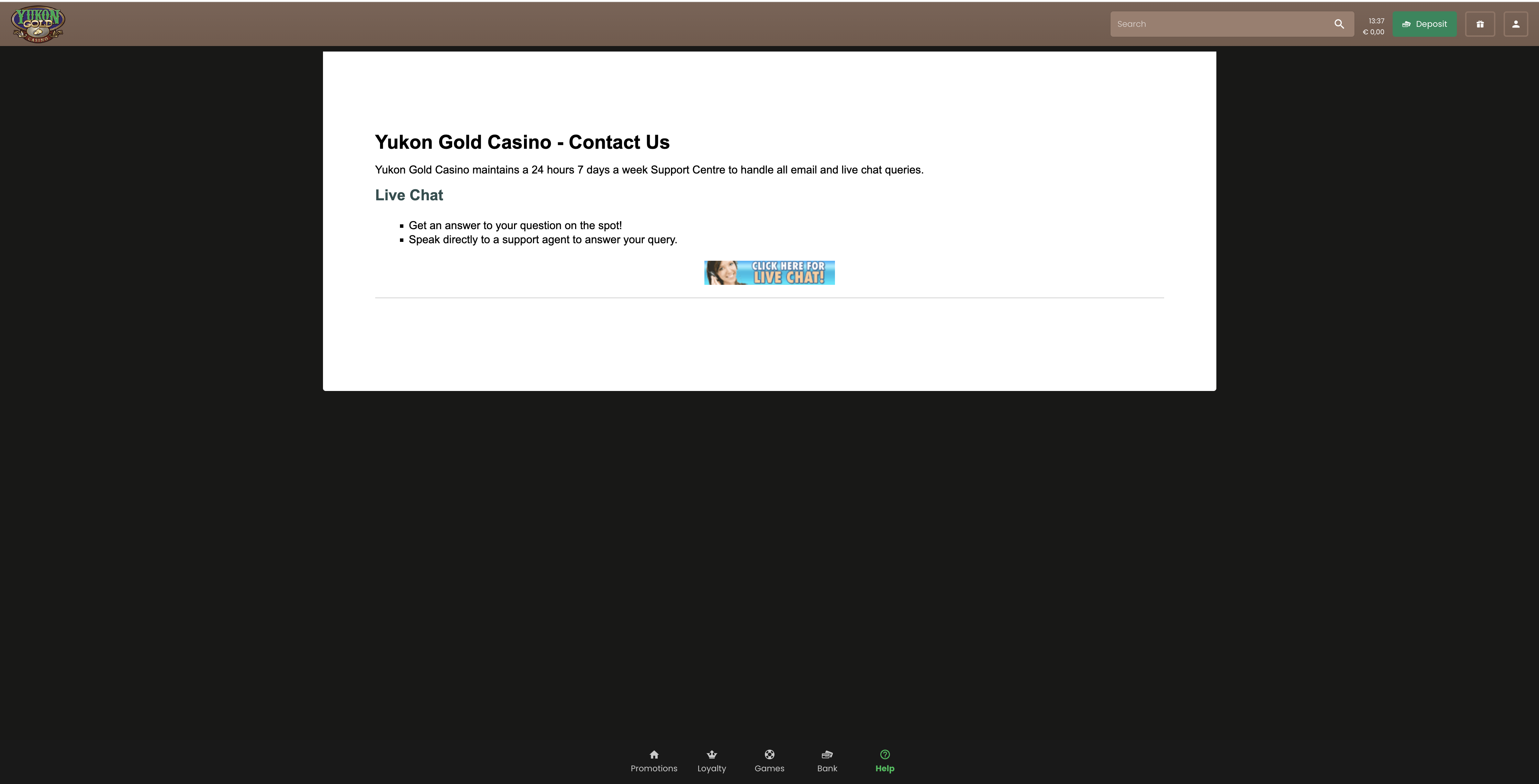 Yukon Gold Contact Us page — 24/7 support centre with live chat button