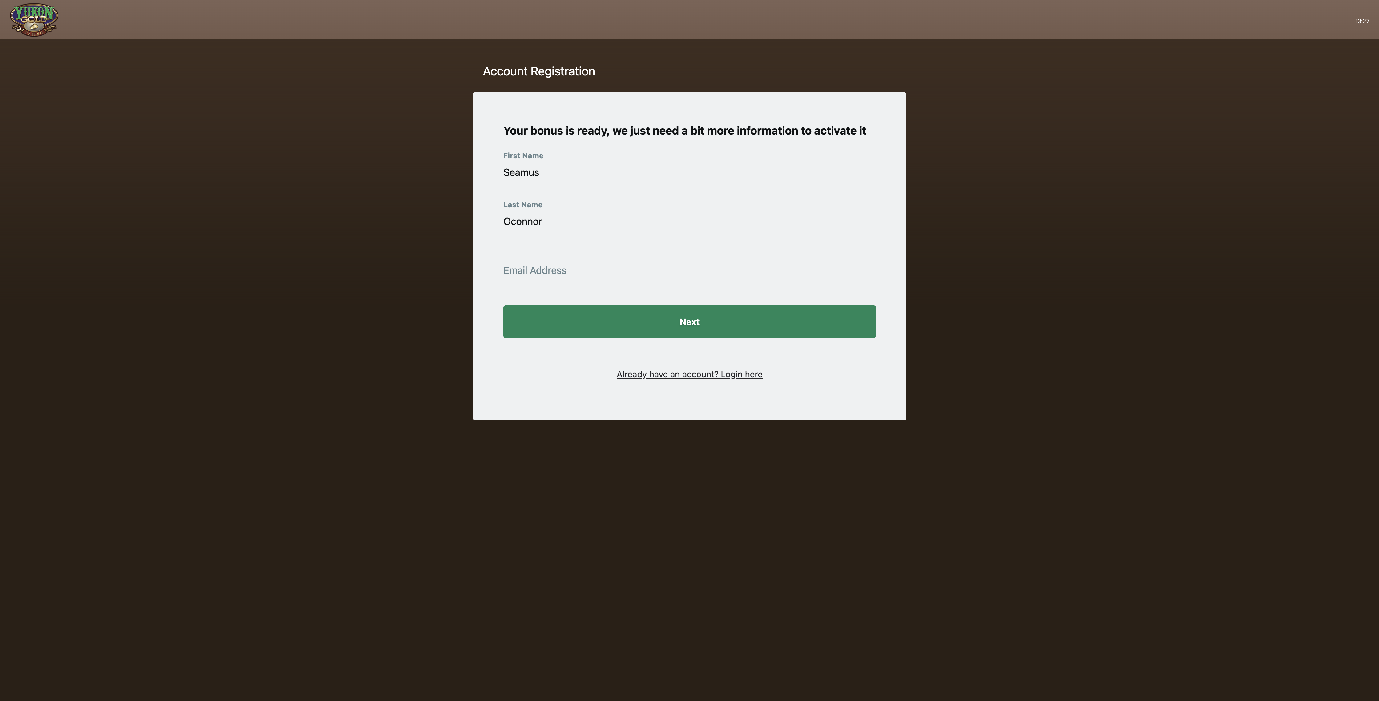 Yukon Gold registration step one — first name, last name, and email fields