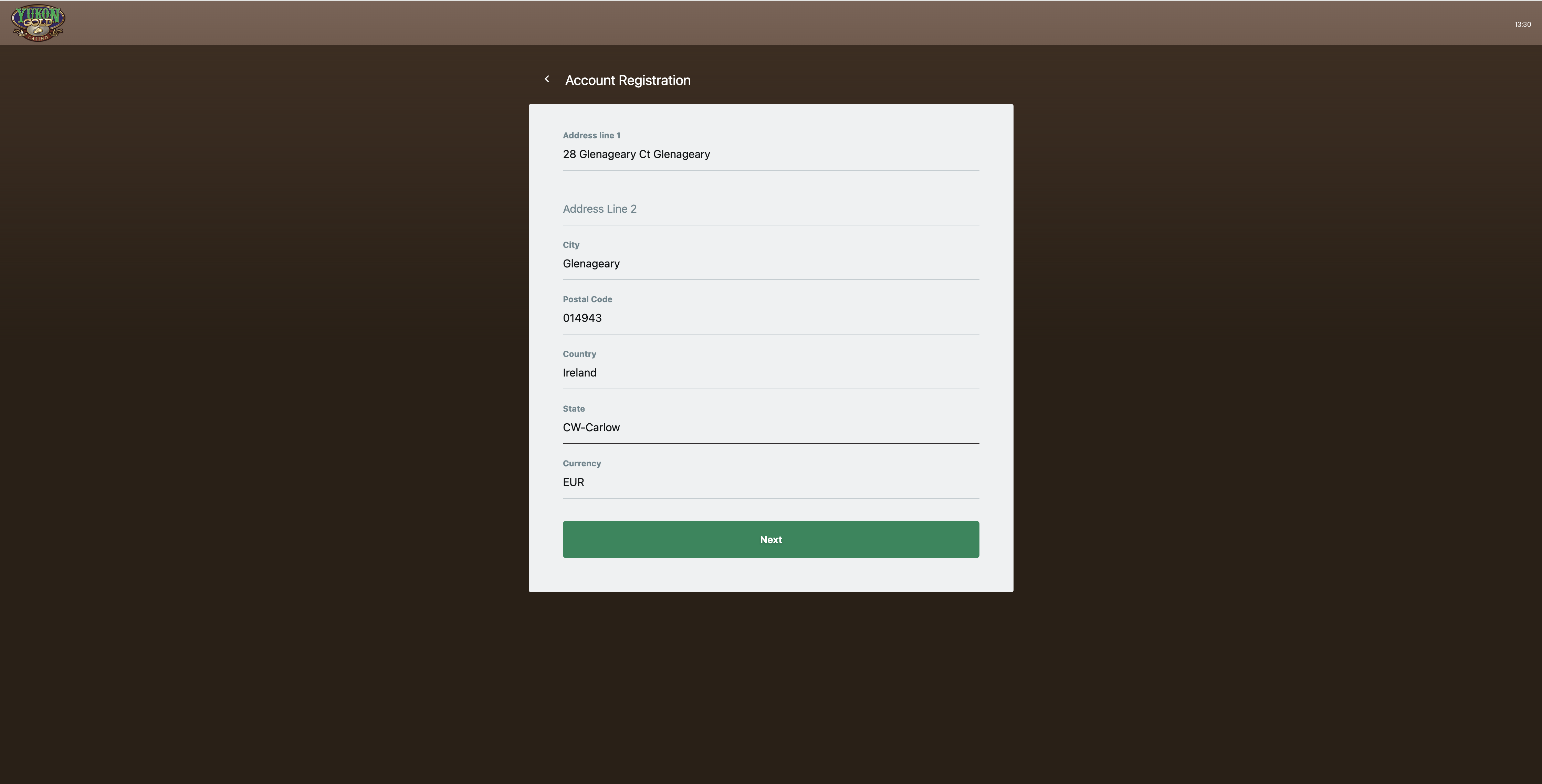 Yukon Gold registration step three — Irish address fields with country Ireland and currency EUR