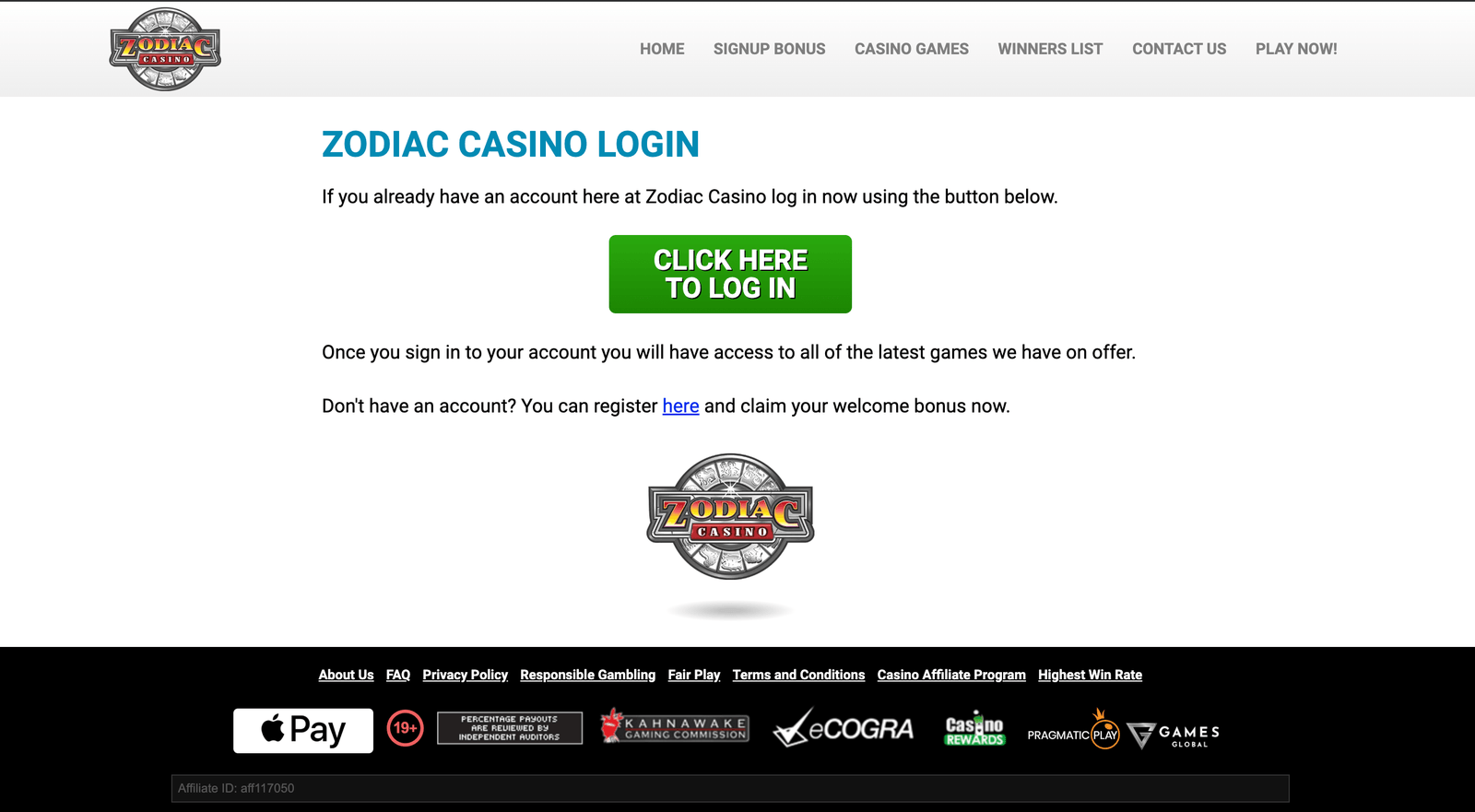 Zodiac Casino login page with click here to log in button