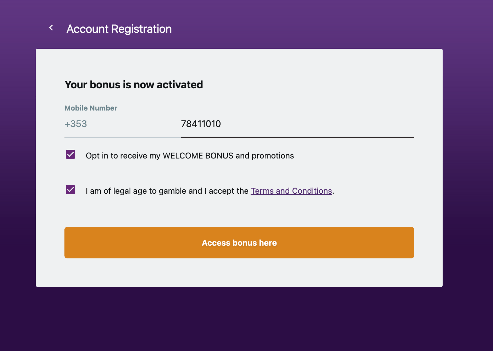 Zodiac Casino registration step four — Irish mobile number and welcome bonus activation