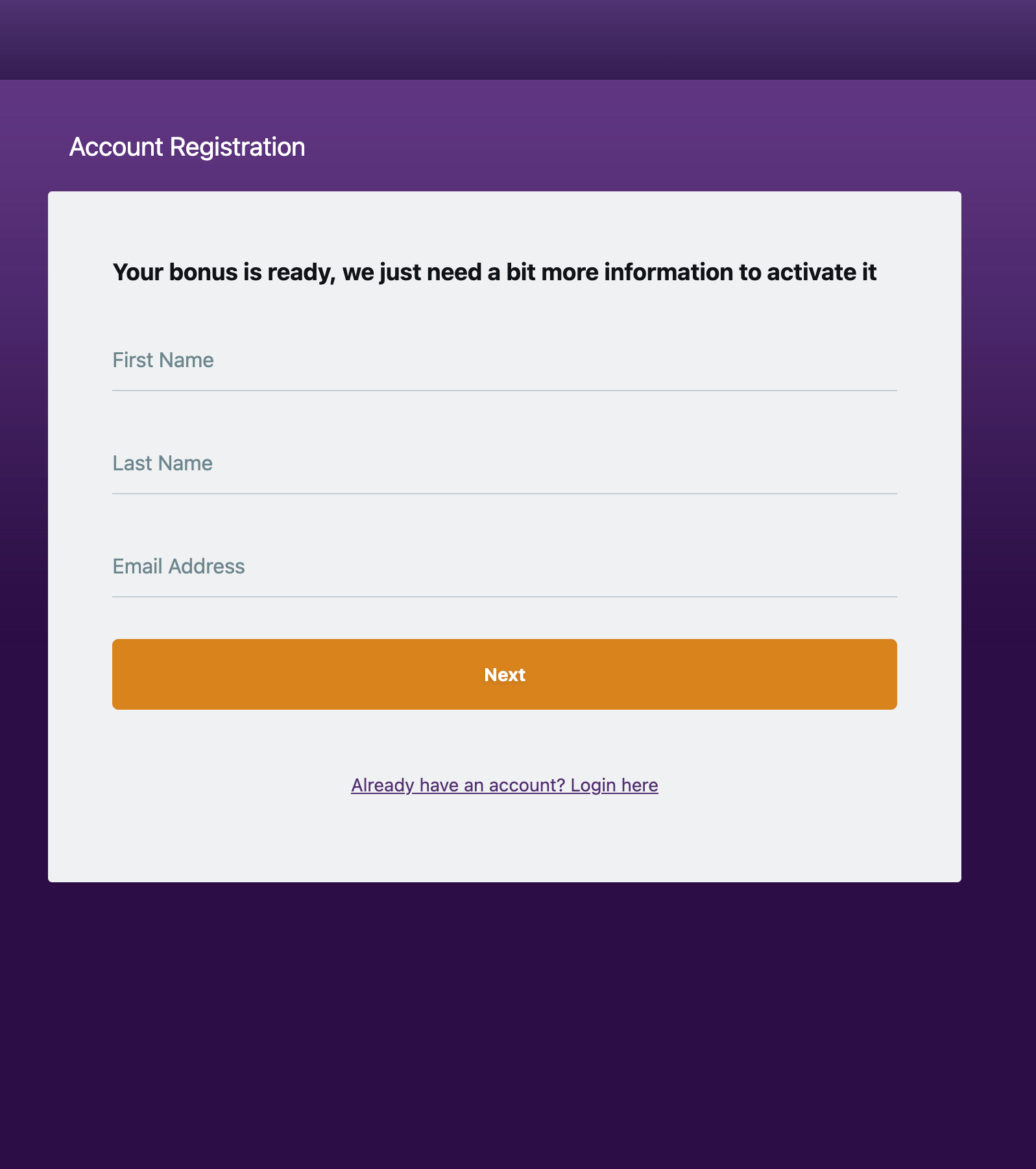 Zodiac Casino registration step one — first name, last name, email, and login link