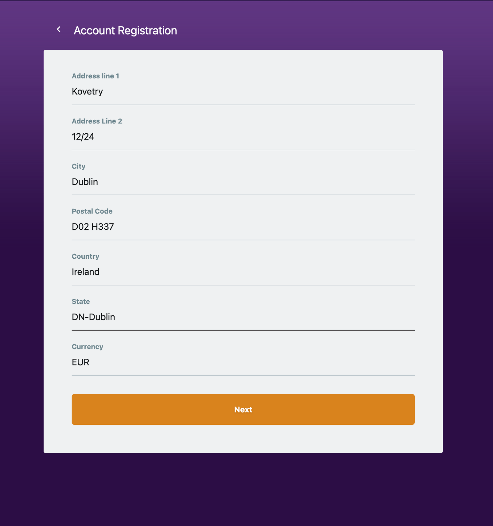 Zodiac Casino registration step three — Ireland address, Dublin, postal code and EUR
