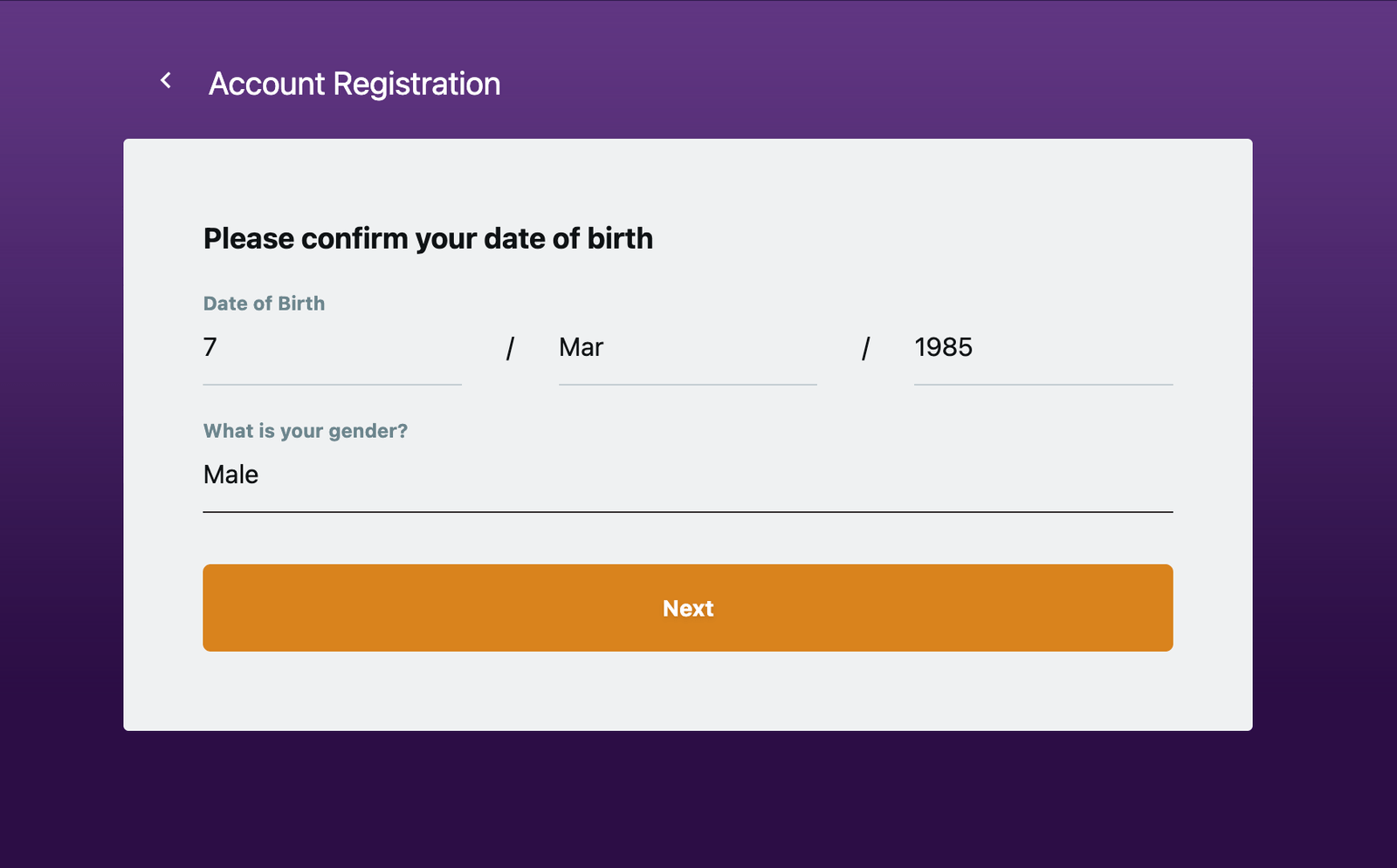 Zodiac Casino registration step two — date of birth and gender fields