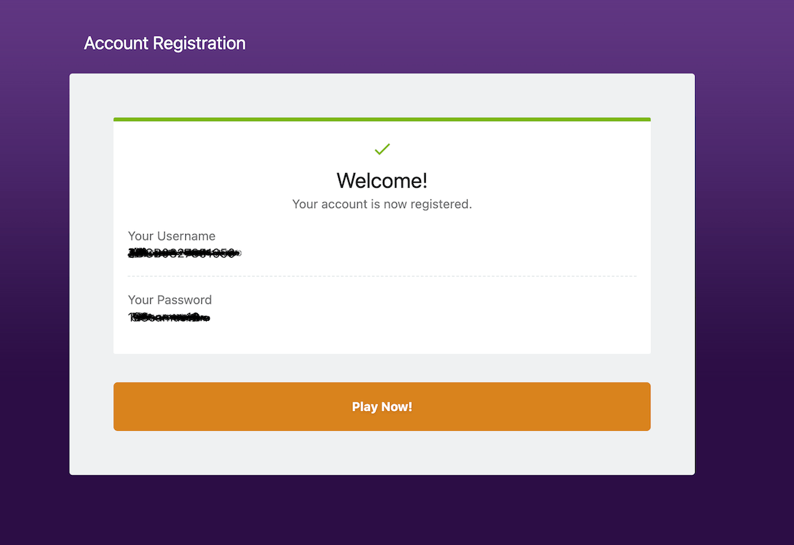 Zodiac Casino registration complete — welcome screen with account ID and Play Now