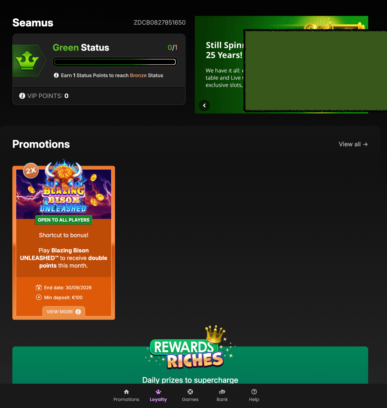 Zodiac Casino Casino Rewards loyalty tab after registration