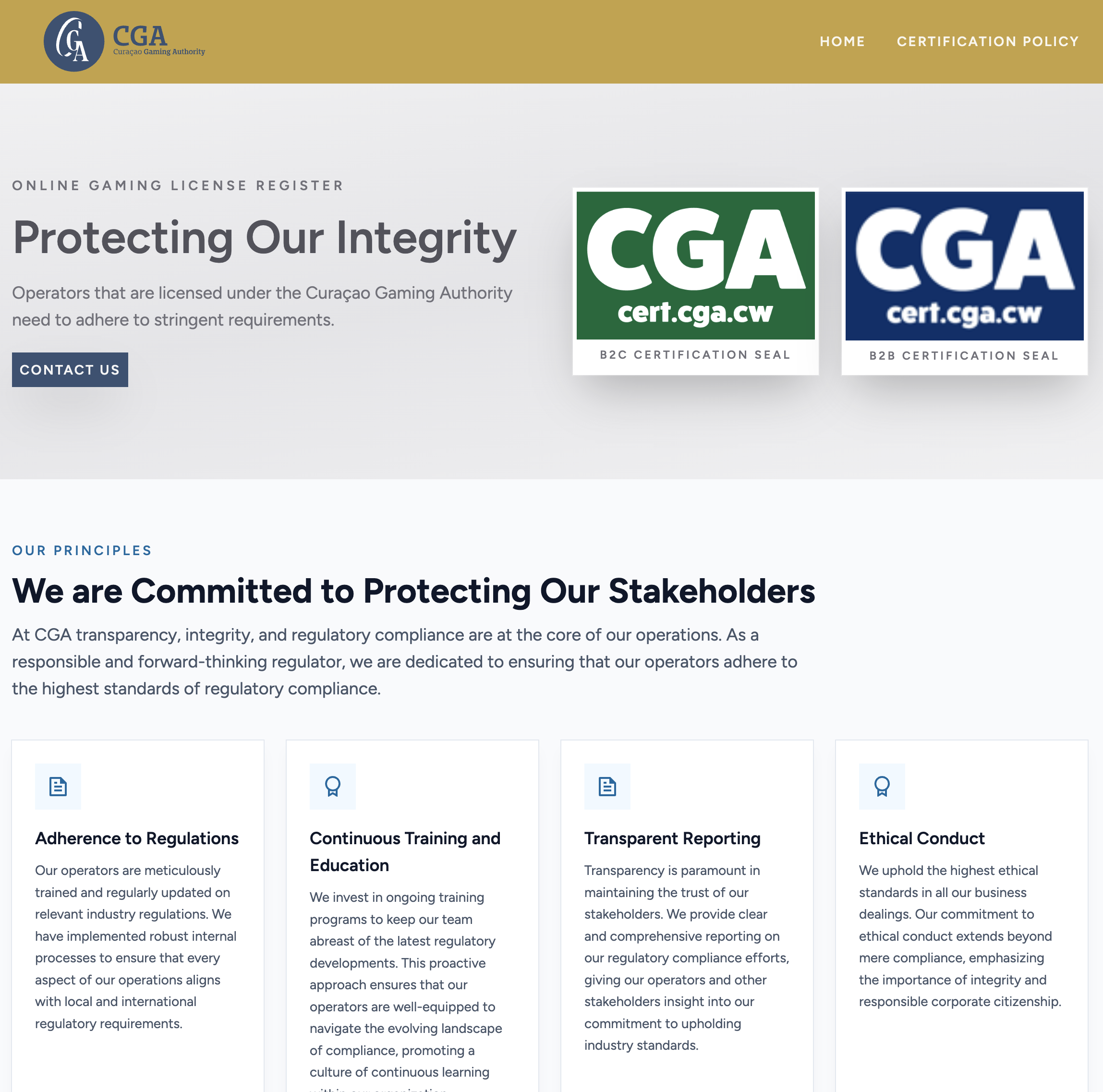 Curaçao Gaming Authority cert.cga.cw homepage showing the green B2C and blue B2B certification seals
