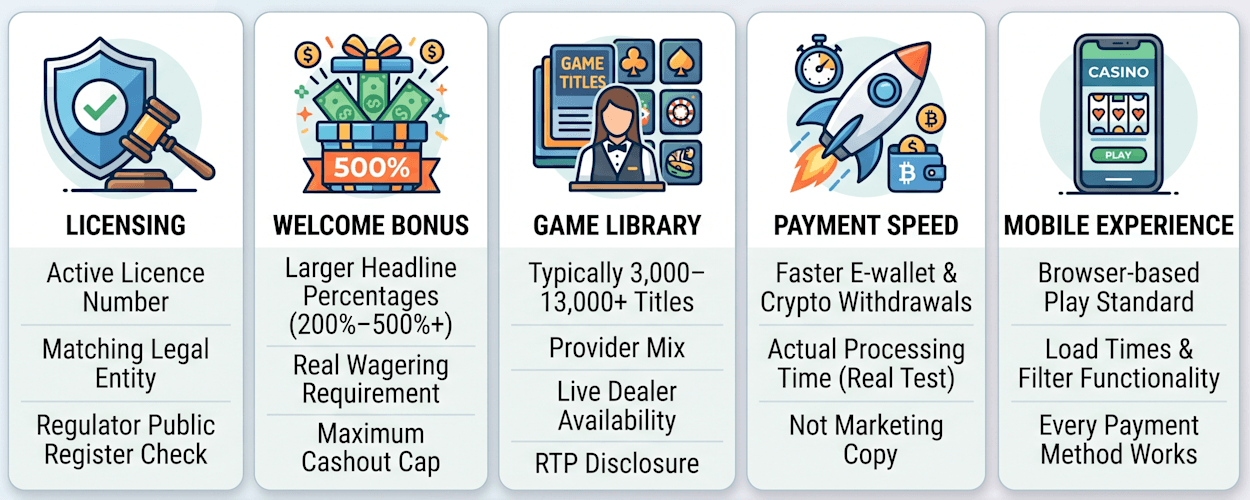 Comparison chart icons showing licensing, bonus, payout speed and mobile categories