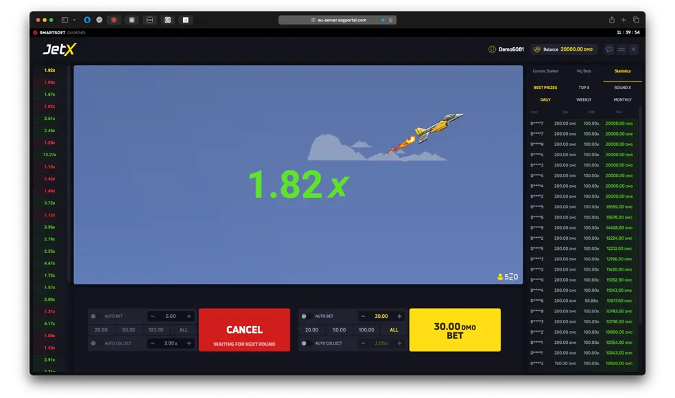 JetX desktop — dual bet panels, auto collect, and round history