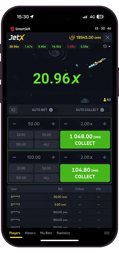 JetX on mobile — stacked bets and Collect buttons