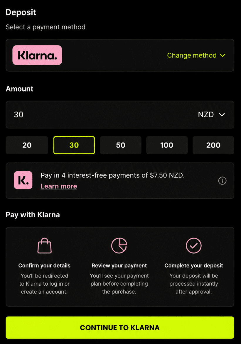 Klarna Pay Now bank-authentication screen during the actual deposit