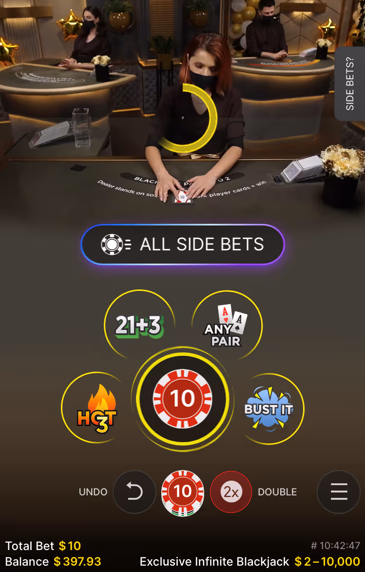 Live blackjack side bet options including Perfect Pairs and 21+3