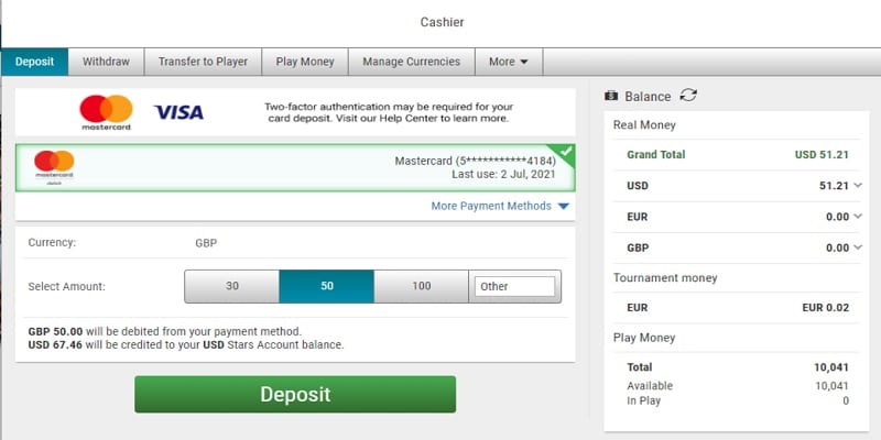 Mastercard deposit screen in casino cashier