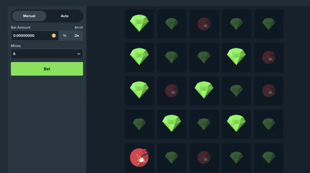 Mines 5×5 grid with gems and mines revealed