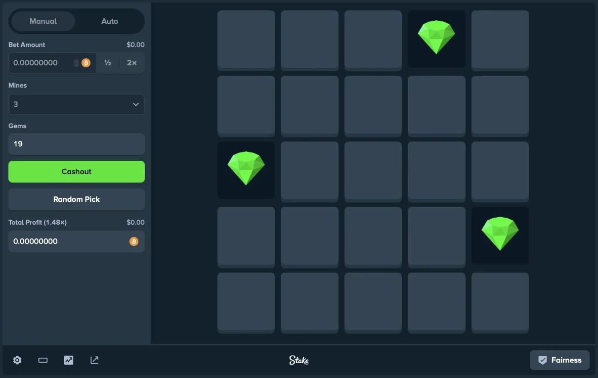 Mines cash out after revealing diamonds on a 5×5 grid