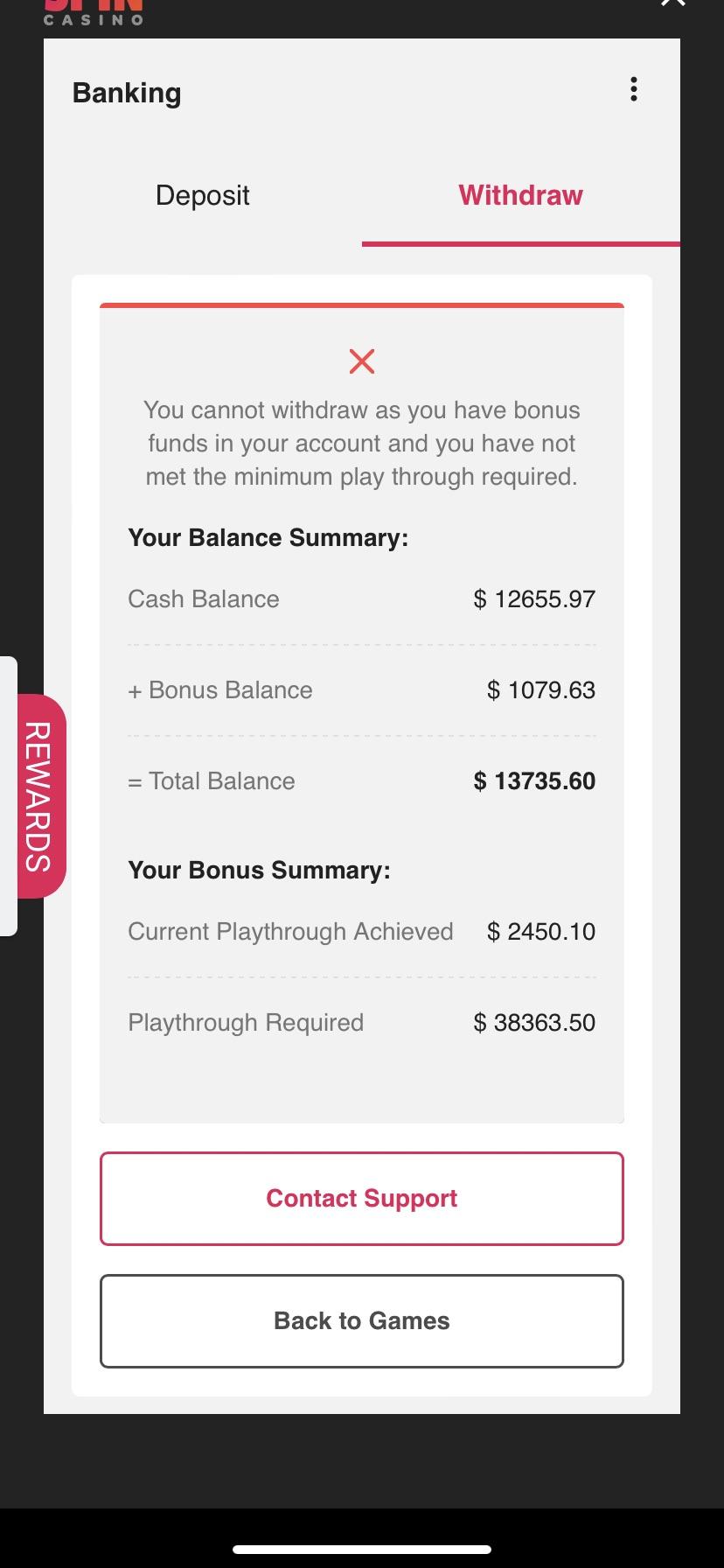 Withdrawal confirmation screen showing a pending casino cashout