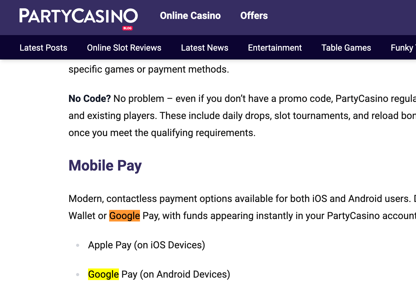 party casino gpay deposit as option