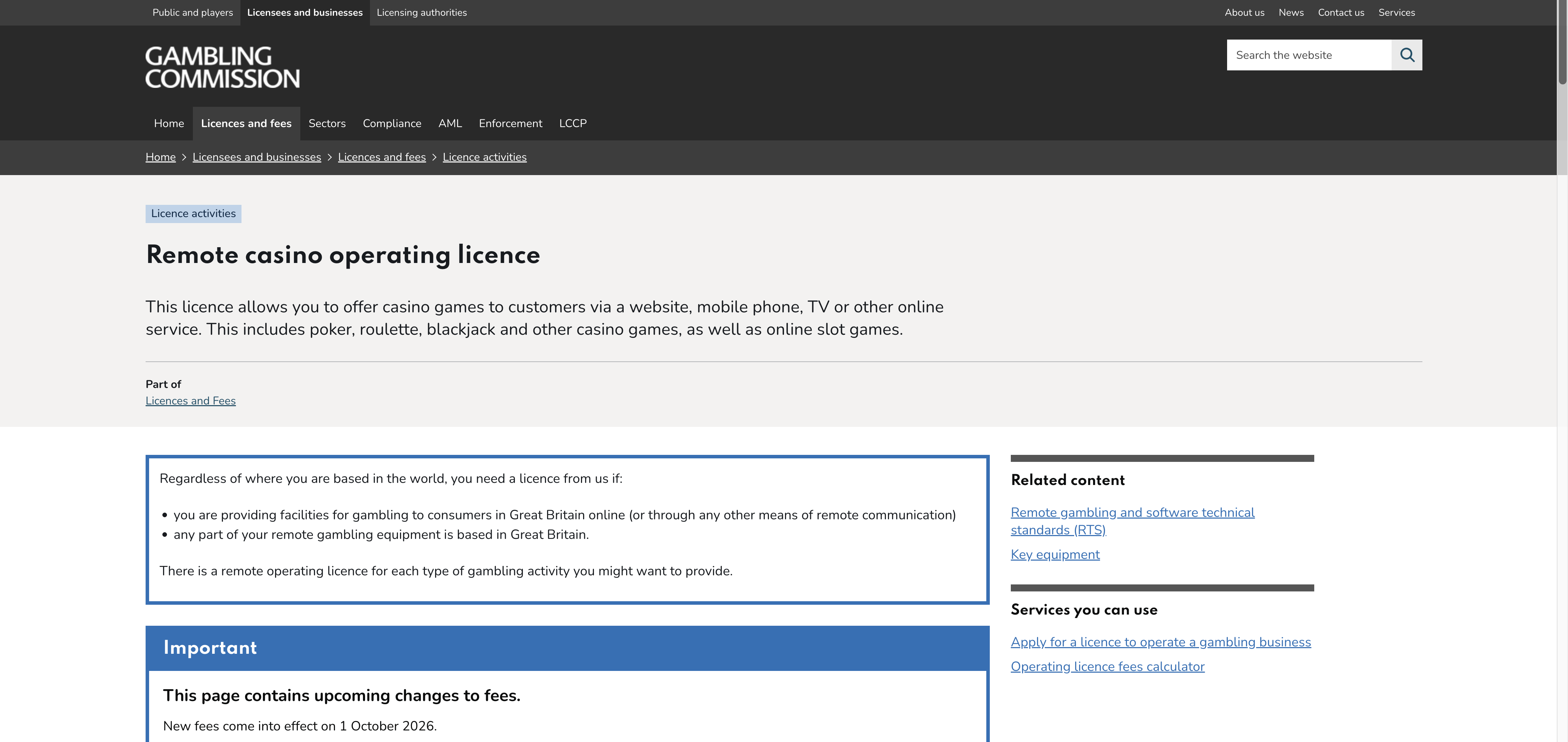 UKGC remote casino operating licence page, including the 1 October 2026 fee change notice