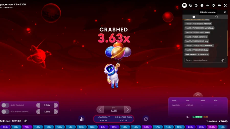 Spaceman round crashed at 3.63× with cashout controls and result history