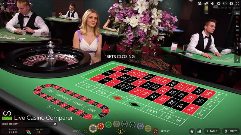 Split screen comparing a classic Evolution roulette table and a colourful game show wheel