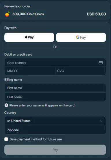 Stake cashier page showing Google Pay/card option