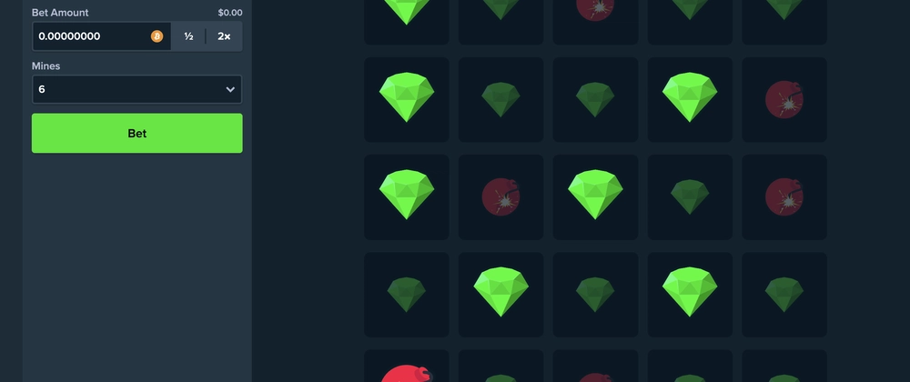 Mines bet amount and mine-count selector beside the grid