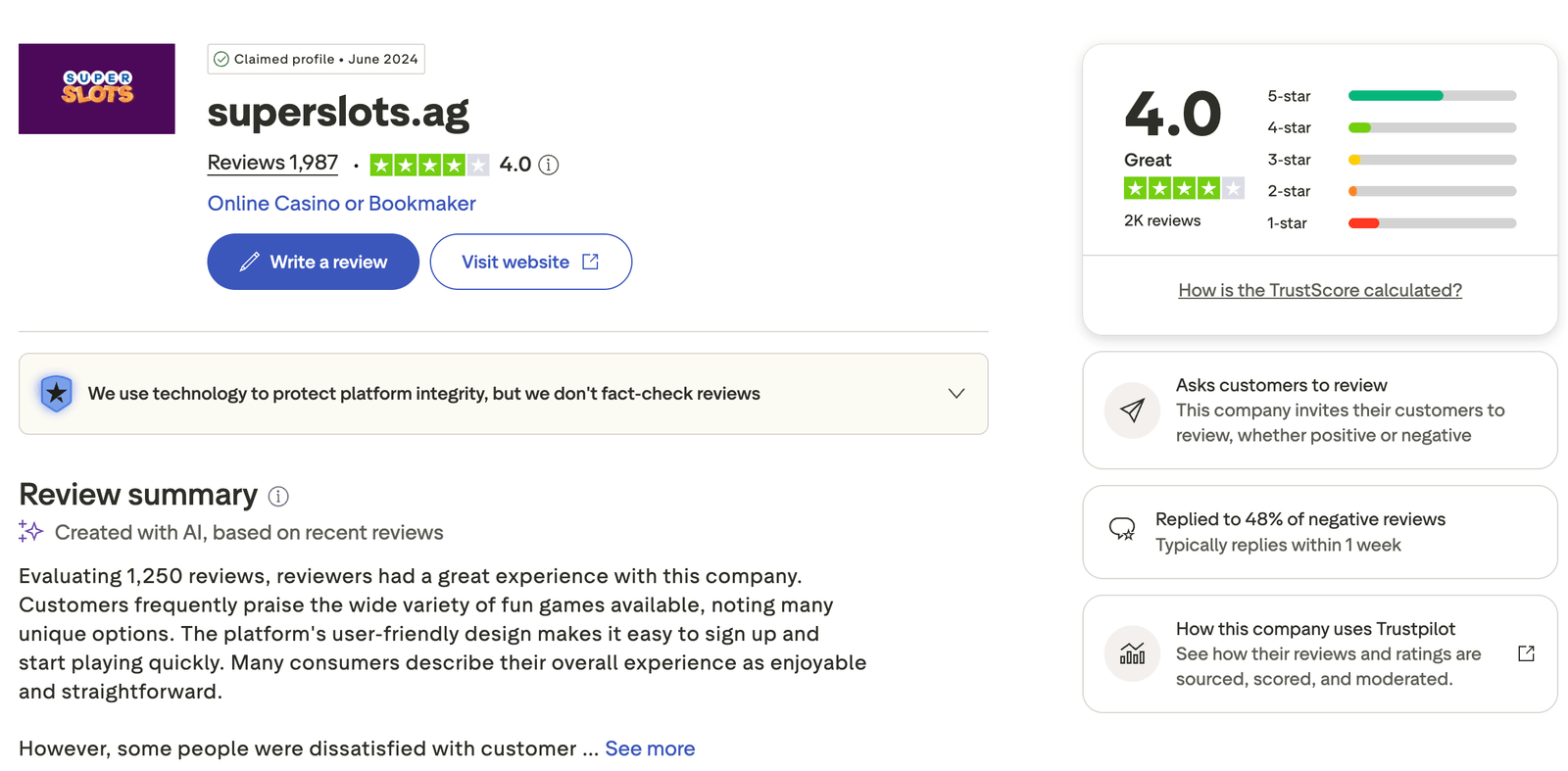 Superslots trustpilot