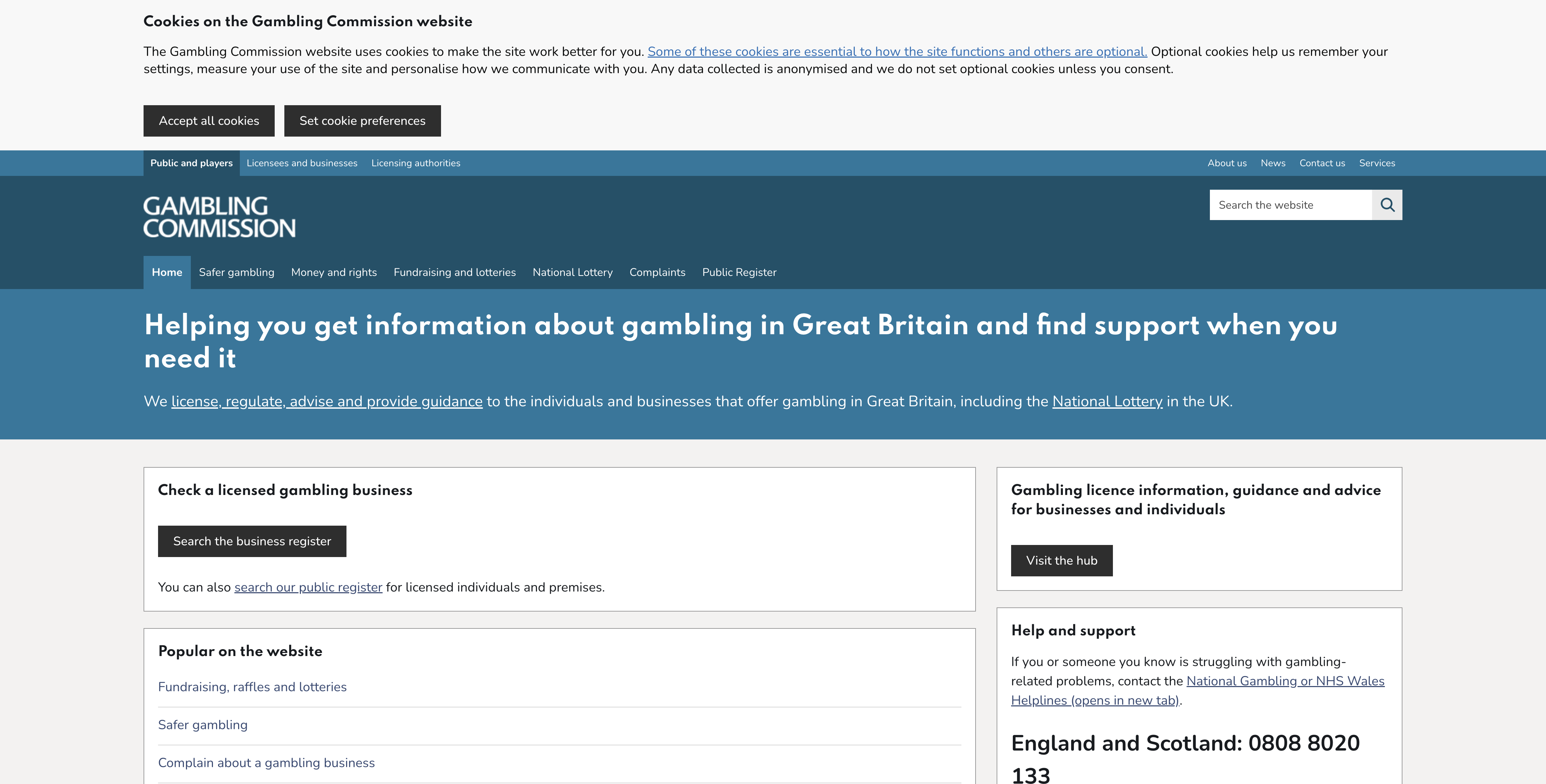 UK Gambling Commission homepage with public register and complaints links