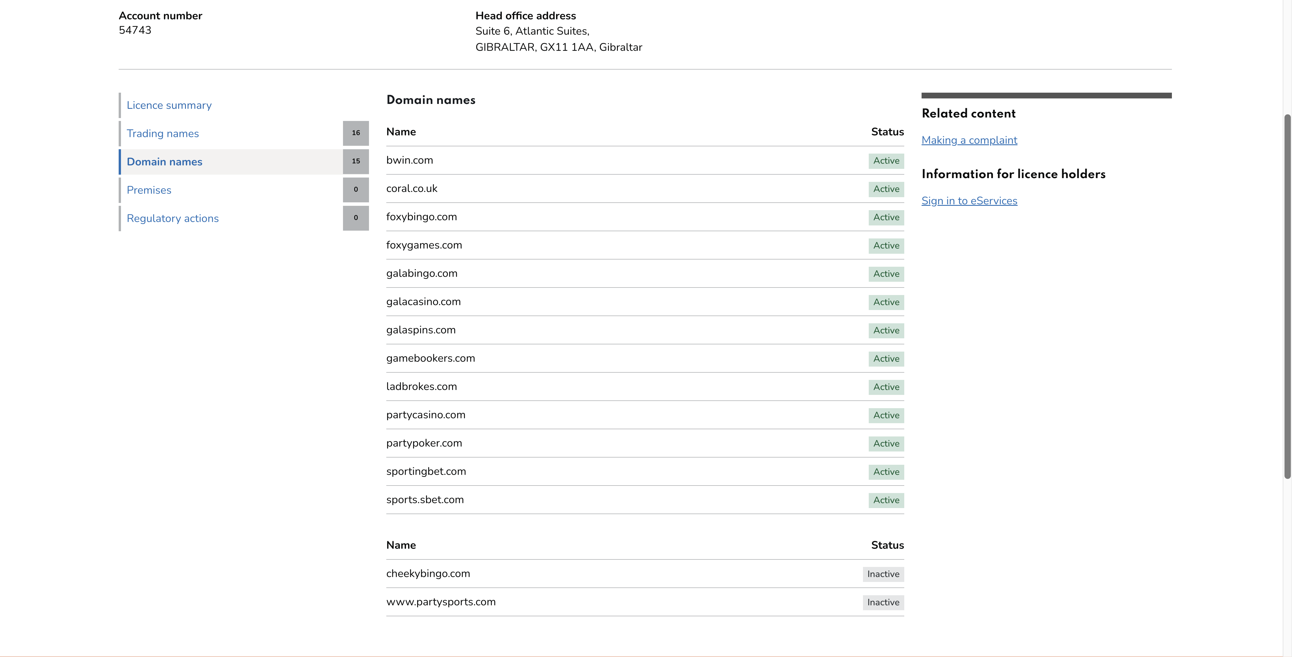 UKGC public register domain list for account 54743, showing partycasino.com and partypoker.com as Active