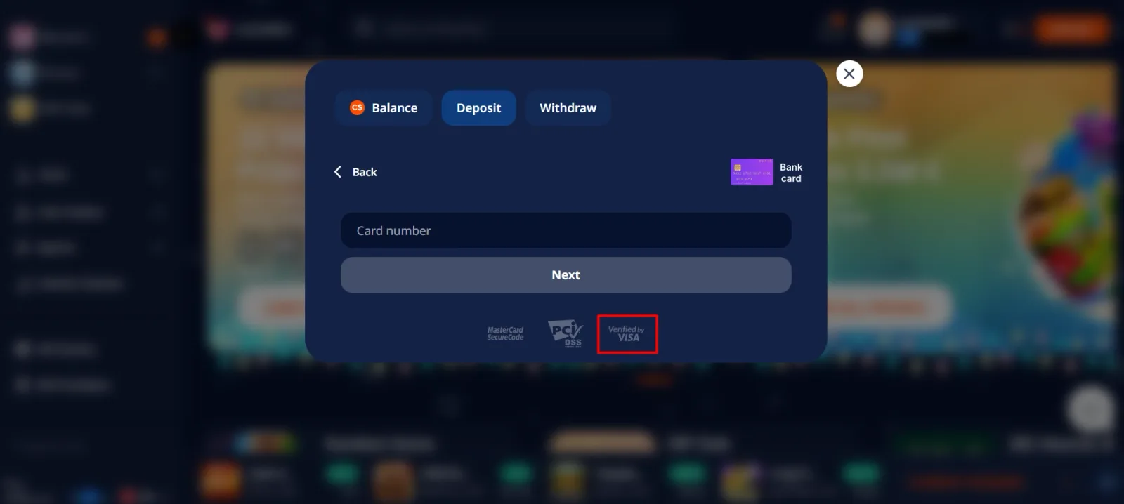 Visa deposit screen in casino cashier