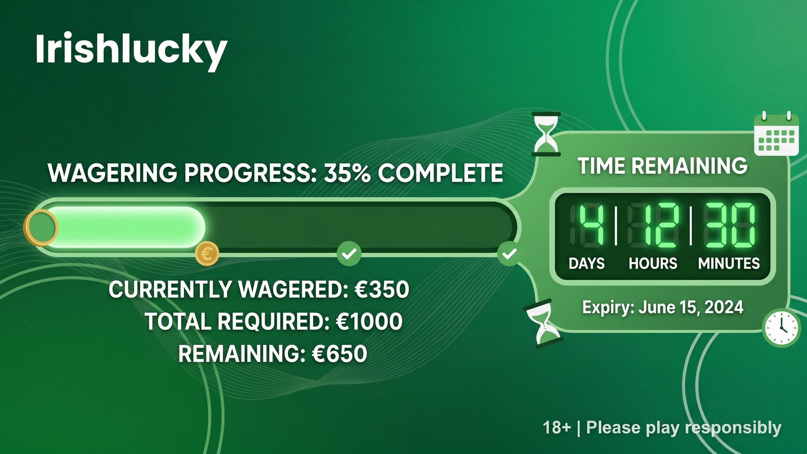 Wagering progress tracker showing playthrough remaining toward a bonus target